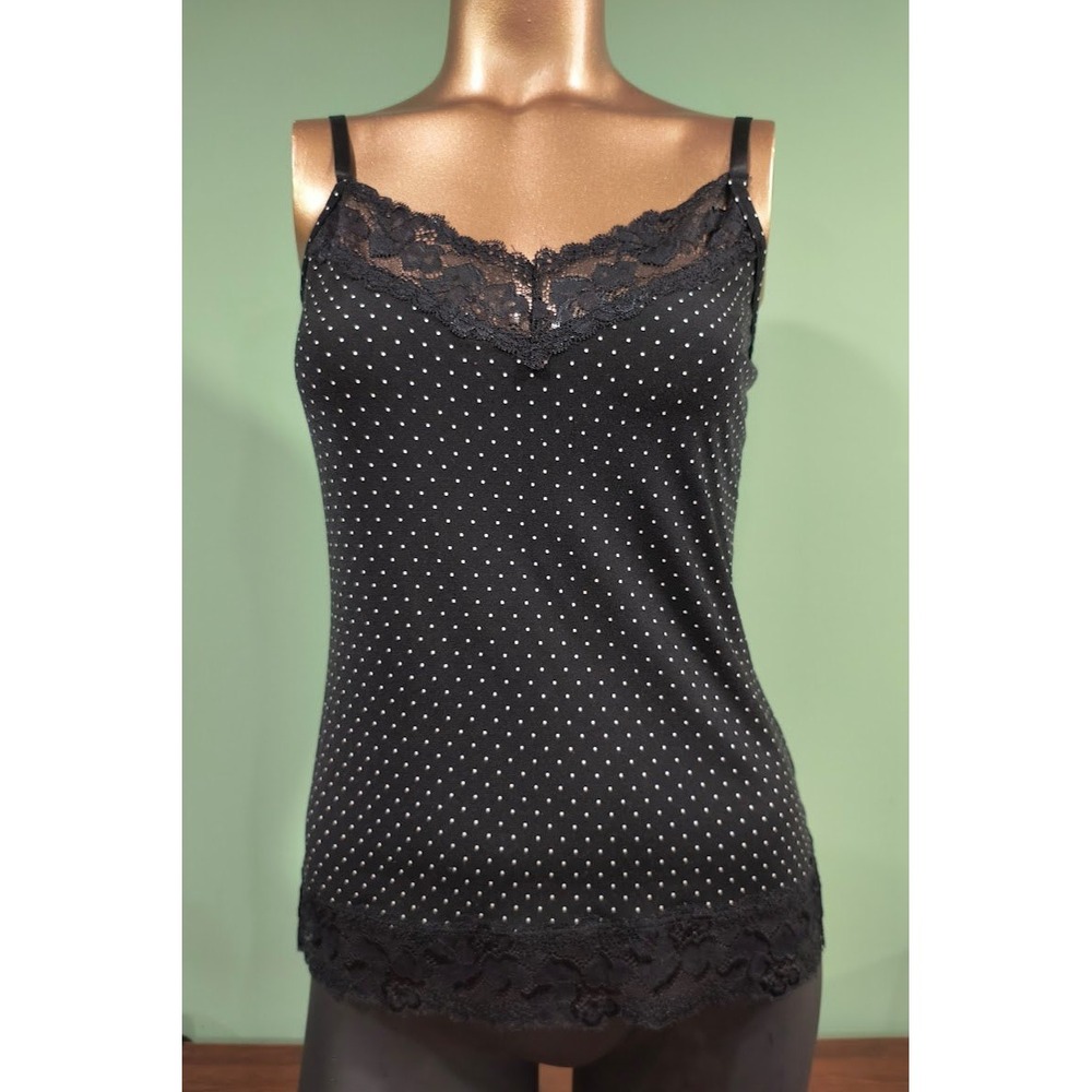 White House Black Market Polka Dot Lace Trim Cami Tank Top Black White Medium